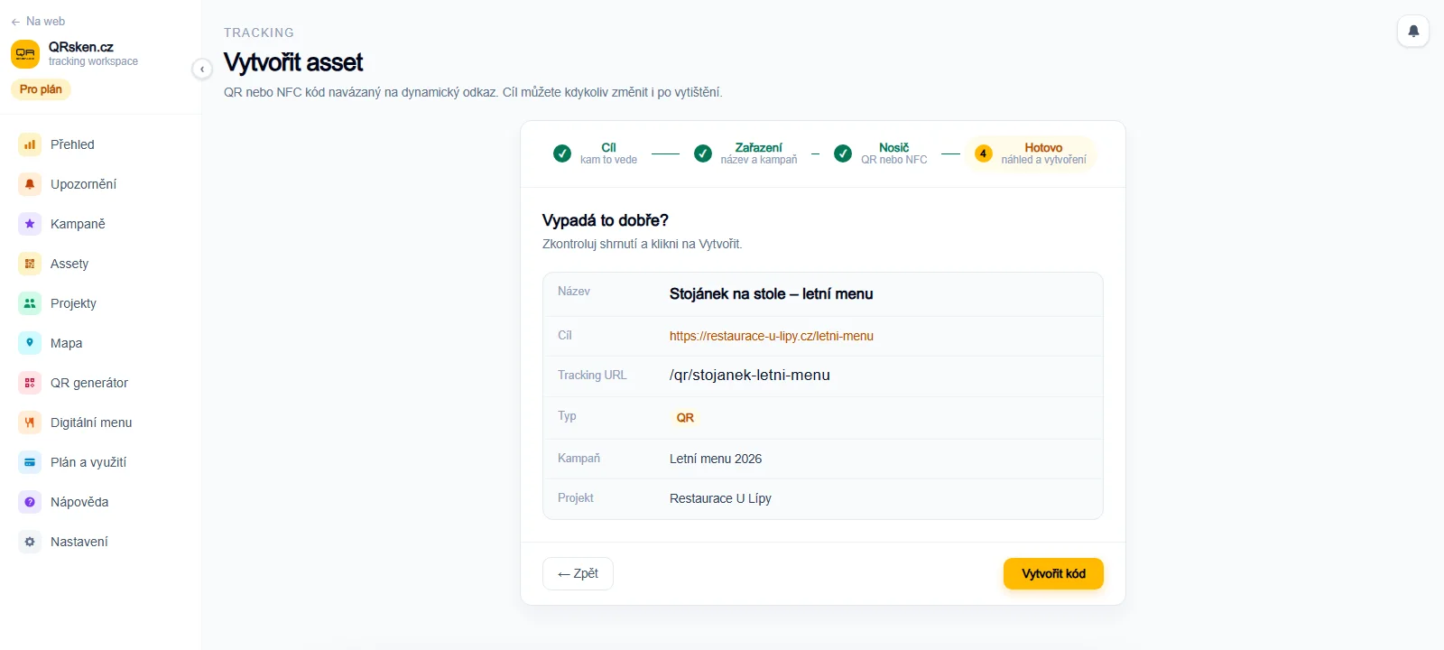 Poslední krok Hotovo v průvodci vytvořením assetu s názvem, cílem, trackingovou URL, kampaní a projektem.