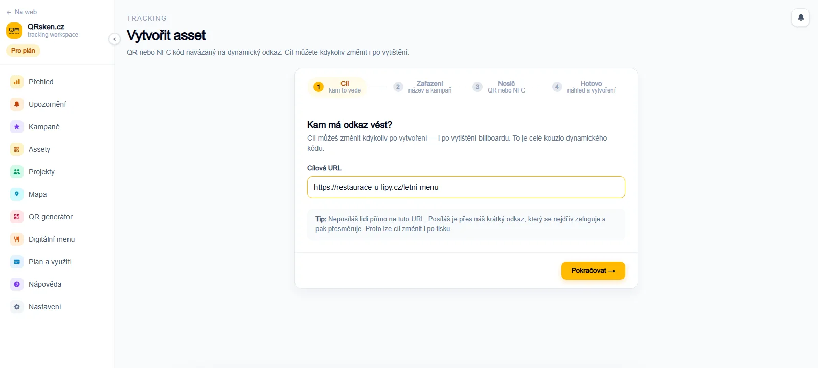 Průvodce vytvořením assetu v QRsken.cz s prvním krokem Cíl a vyplněnou cílovou adresou digitálního menu restaurace.
