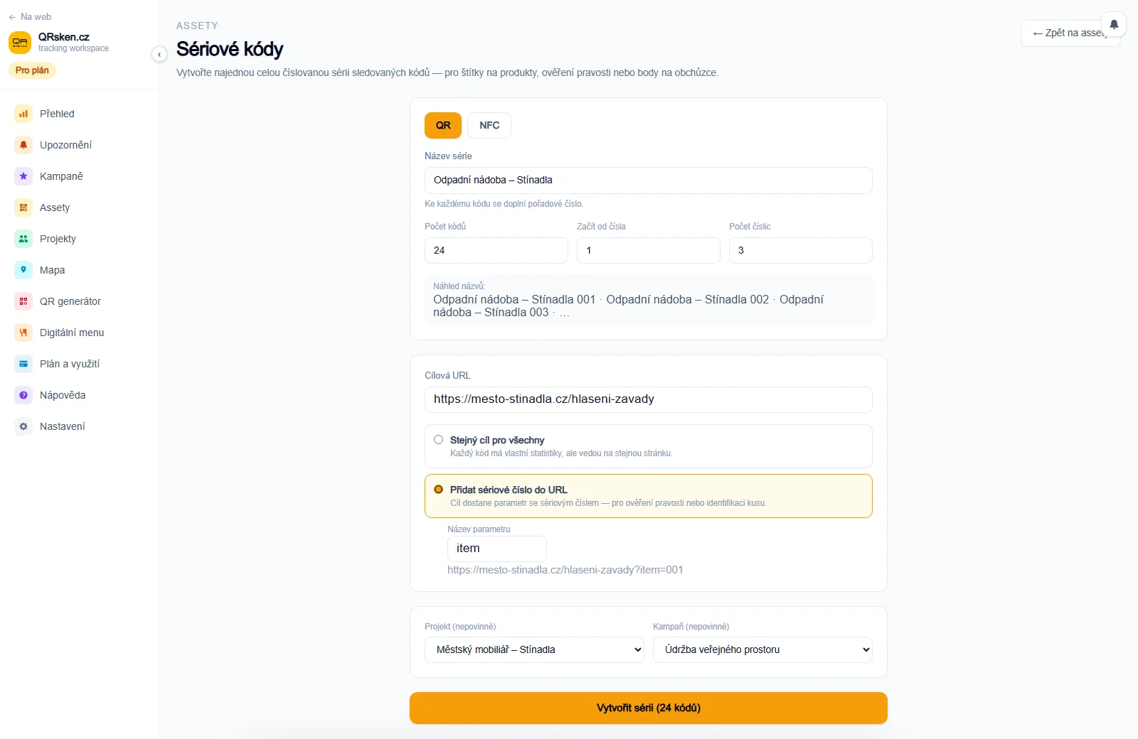 Formulář sériových kódů s ukázkou 24 QR štítků Odpadní nádoba – Stínadla a parametrem item v cílové URL.