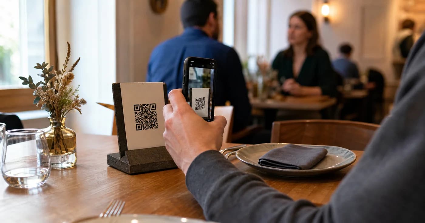 Host otevře aktuální menu naskenováním stolního QR kódu.