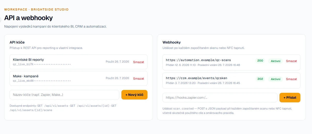 Správa API klíčů a aktivních webhooků se stavem posledního doručení v nastavení QRskenu