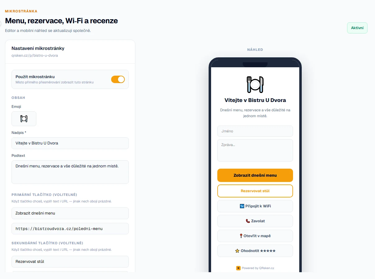 Editor restaurační mikrostránky QRsken s mobilním náhledem menu, rezervace, Wi-Fi a recenzí